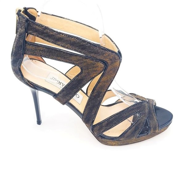 Jimmy Choo COLLAR Gold Black Shimmer Caged Gladiator Sandals Size 36.5